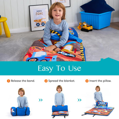 Toddler Nap Mat with Pillow & Blanket 鈥?Roll Up Nap Mat for Preschool- Soft Kids Sleeping Mat