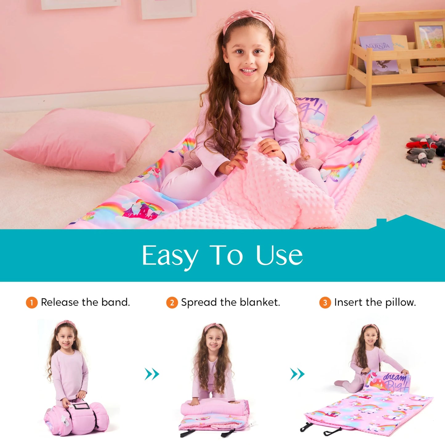 Toddler Nap Mat with Pillow & Blanket 鈥?Roll Up Nap Mat for Preschool- Soft Kids Sleeping Mat