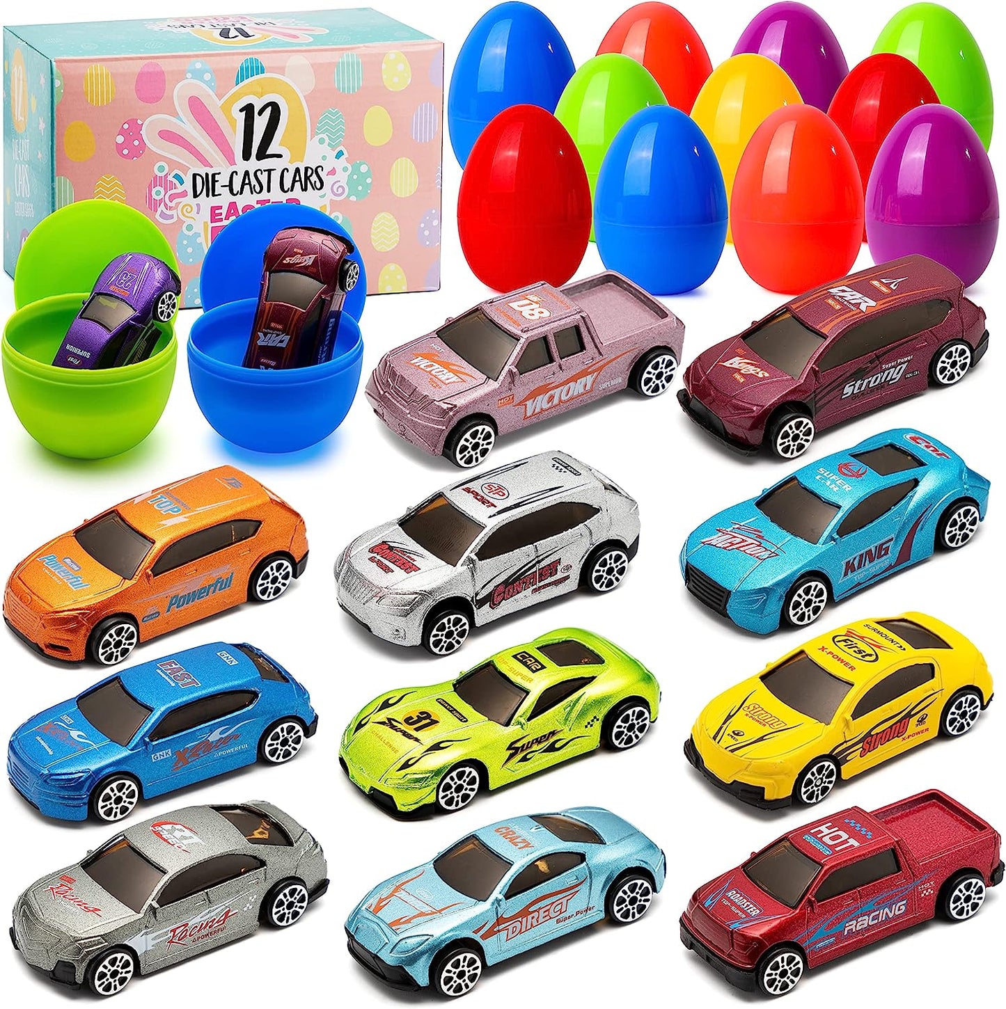 12Pcs Die Cast Cars Prefilled Easter Eggs 3.2in