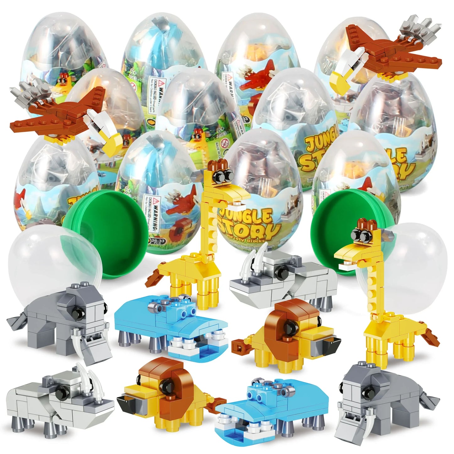 12Pcs Jungle Animal Building Blocks Prefilled Easter Eggs 3.25in