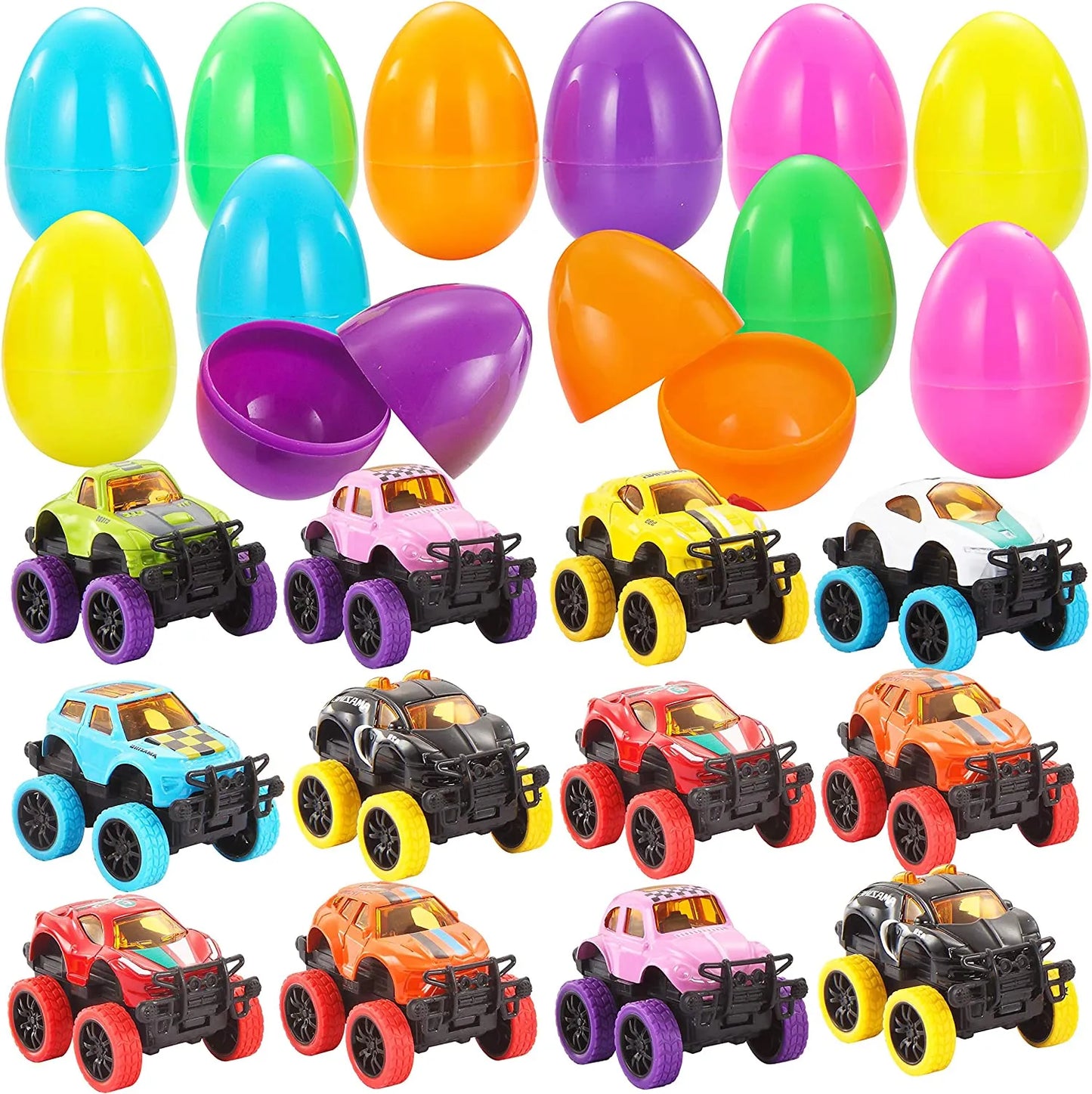 12Pcs Monster Pullback Cars Prefilled Easter Eggs 3.8in