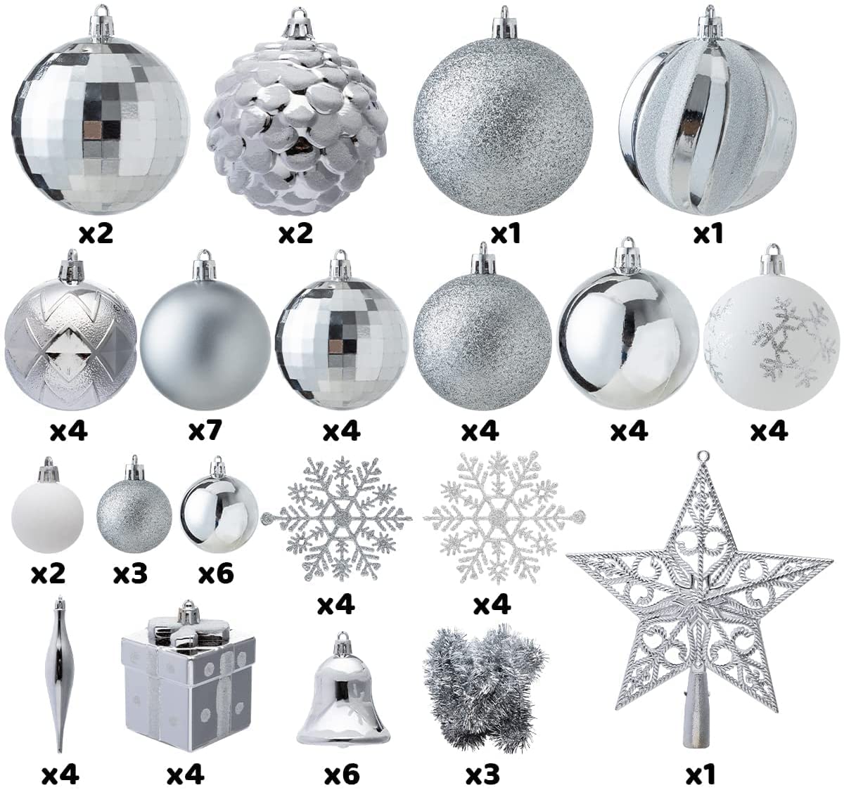70 Pcs Christmas Ornaments with a Star Tree Topper Silver & White