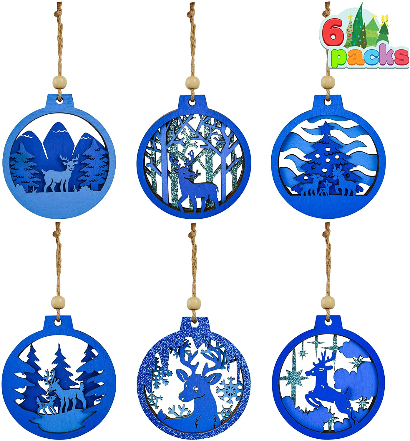 Blue Wooden Ornaments, 6 Pcs