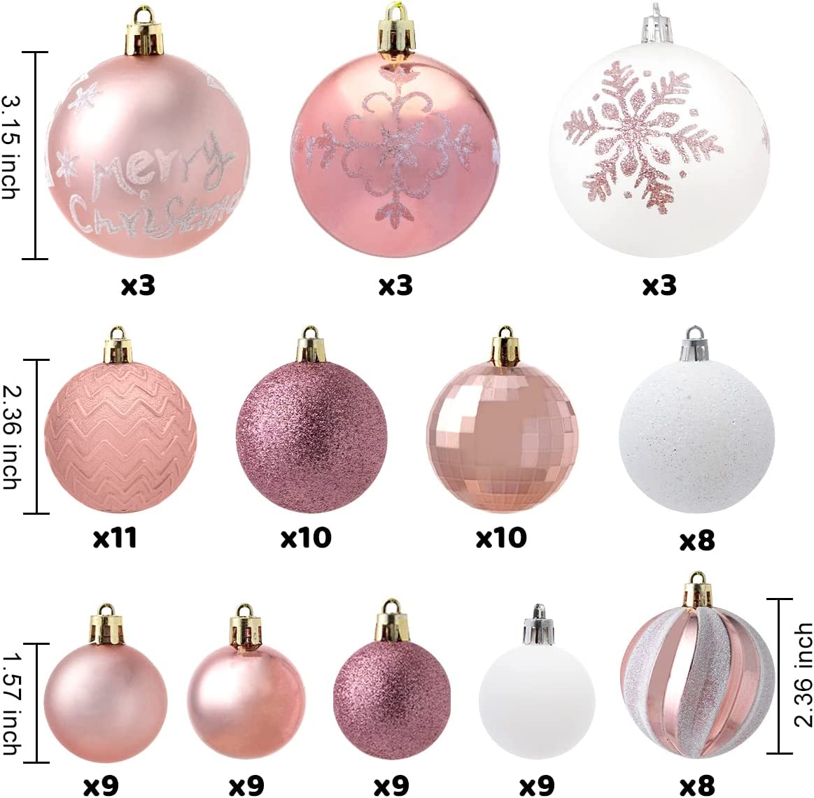 112 Pcs Rosegold & White Christmas Assorted Ornaments with a Star Tree Topper