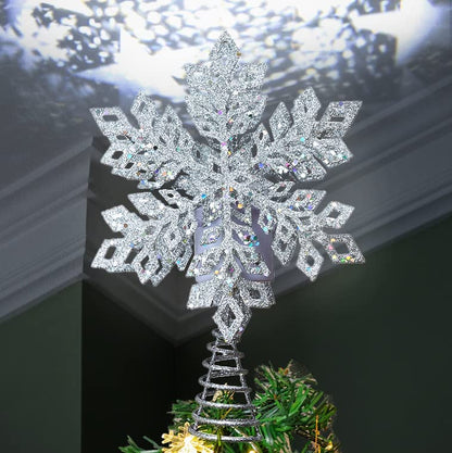 Silver Snowflake Tree Topper Metal with White Star Snowflake Projector Light