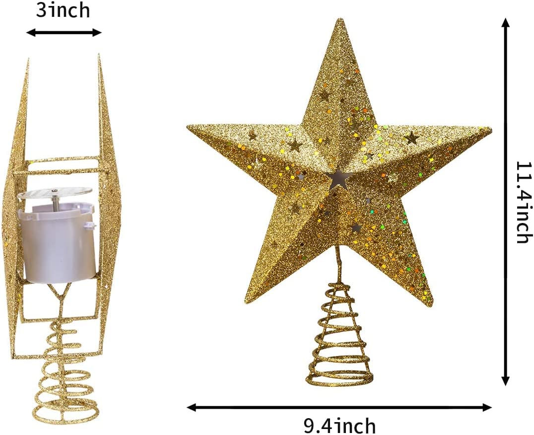 Gold Star Tree Topper Metal with White Star Projector Light