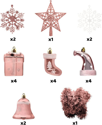 112 Pcs Rosegold & White Christmas Assorted Ornaments with a Star Tree Topper