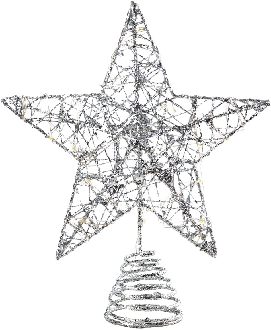 Silver Glitter Star Tree Topper Metal, Warm White