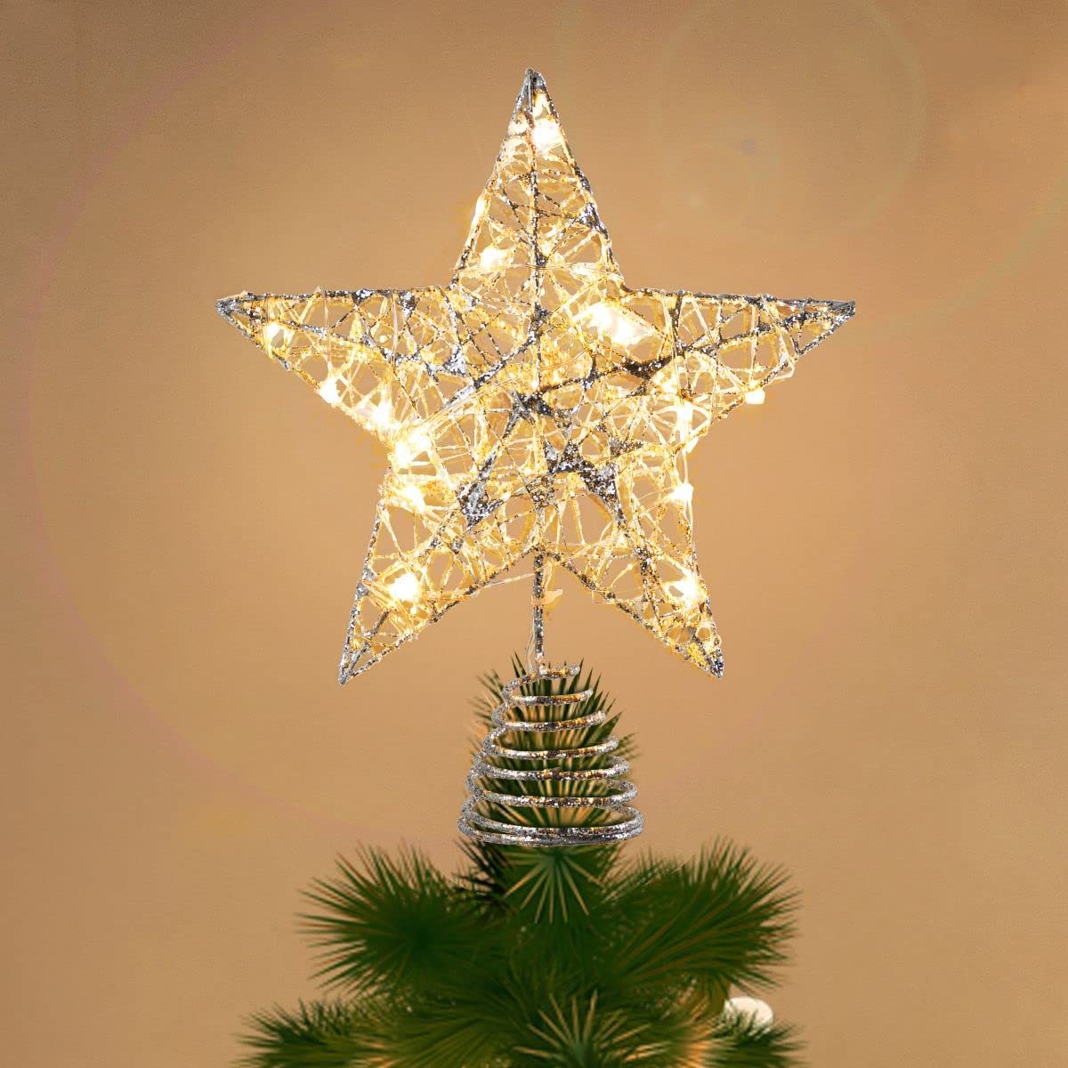 Silver Glitter Star Tree Topper Metal, Warm White