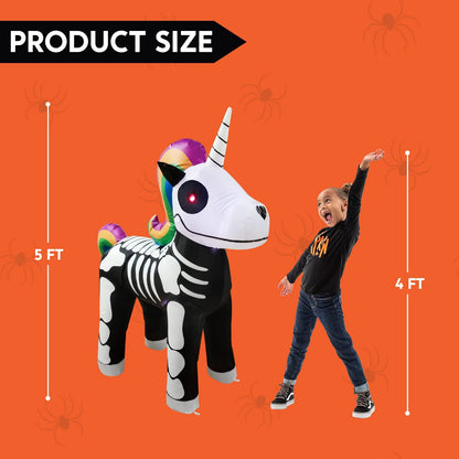 Halloween Tall Standing Skeleton inflatable ride a unicorn costume (5 ft)