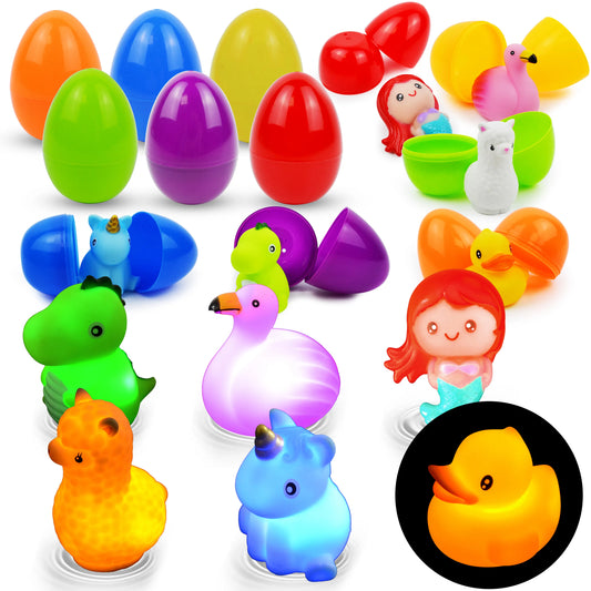 6Pcs 3.07in Light Up Floating Bath Toys with Prefilled Easter Eggs for Easter Egg Hunt