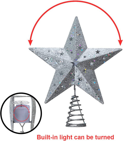 Silver Star Tree Topper Metal with White Snowflake Projector Light