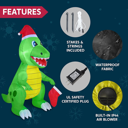 6 FT Tall Inflatable Dinosaur Holding a Christmas Stocking with Build-in LEDs
