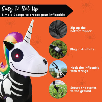 Halloween Tall Standing Skeleton inflatable ride a unicorn costume (5 ft)