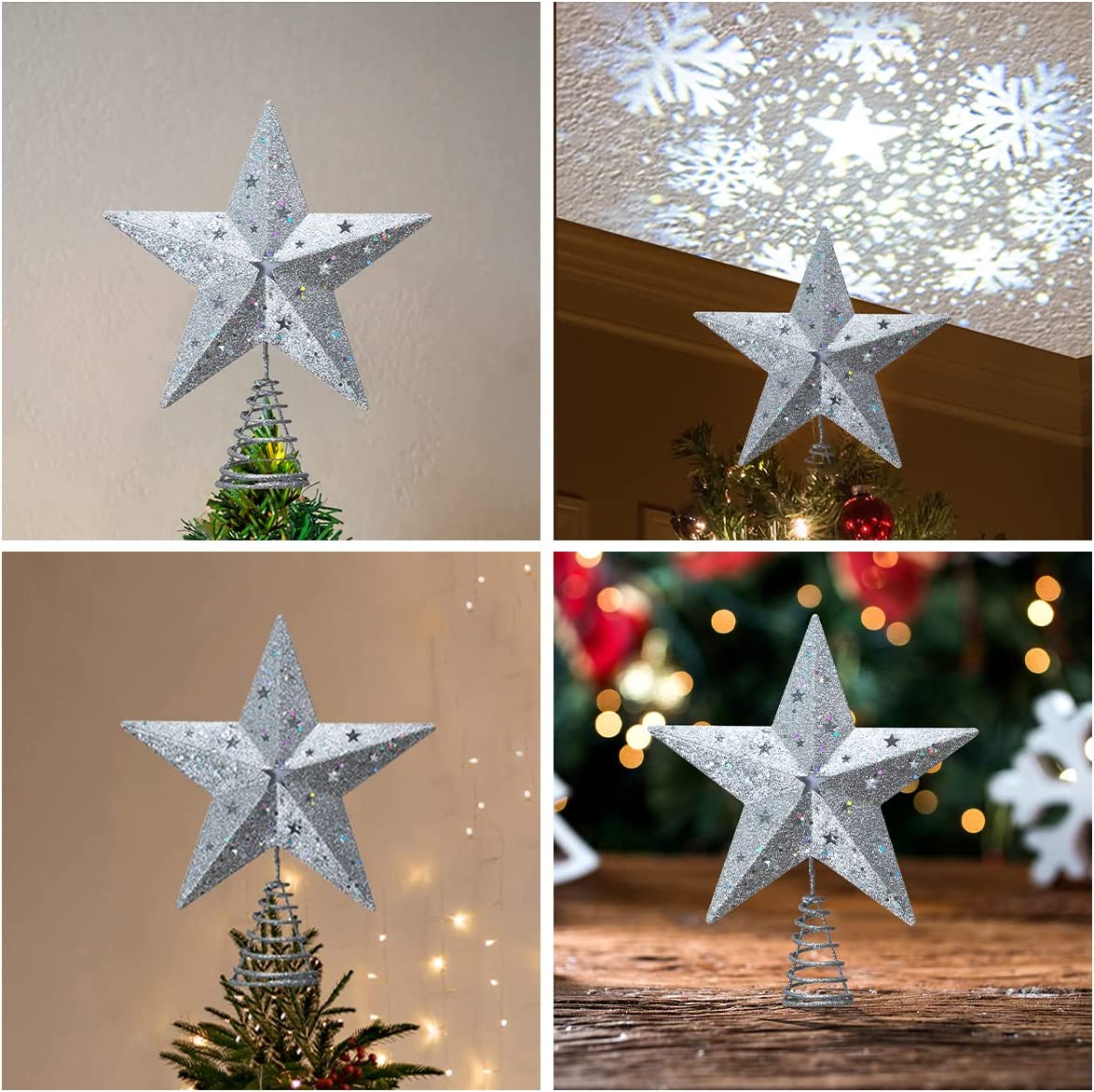 Silver Star Tree Topper Metal with White Snowflake Projector Light