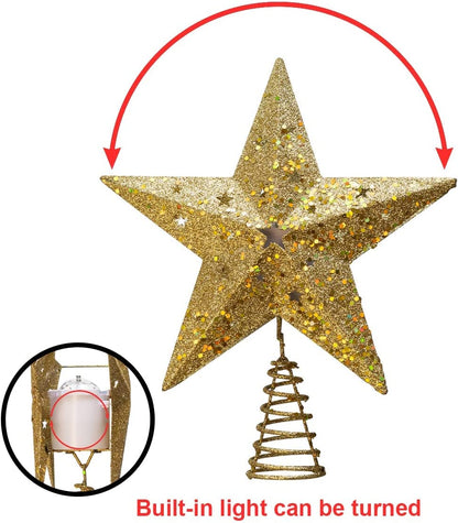 Gold Star Tree Topper Metal with Rainbow Projector Light