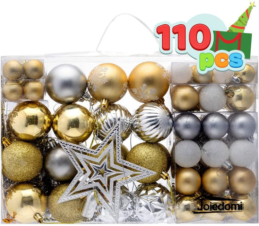 10 Pcs Christmas Assorted Ornaments with a Star Tree Topper Gold, Silver & White