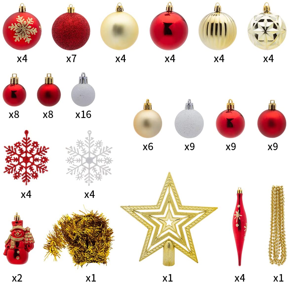 110 Pcs Christmas Assorted Ornaments with a Star Tree Topper Red, Gold & White