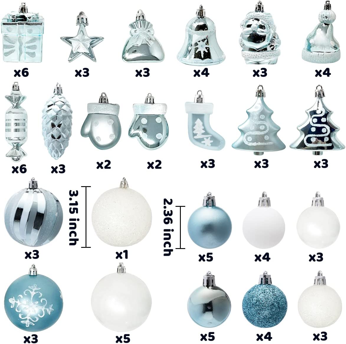 81 Pcs Assorted Shape Christmas Ornaments (Babyblue and white)