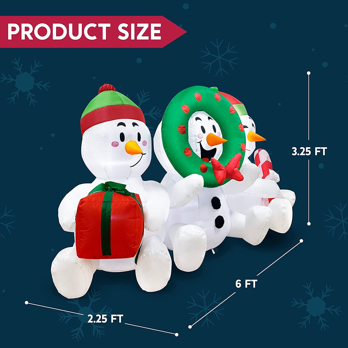 6 FT Long Inflatable Three Sitting Snowmans