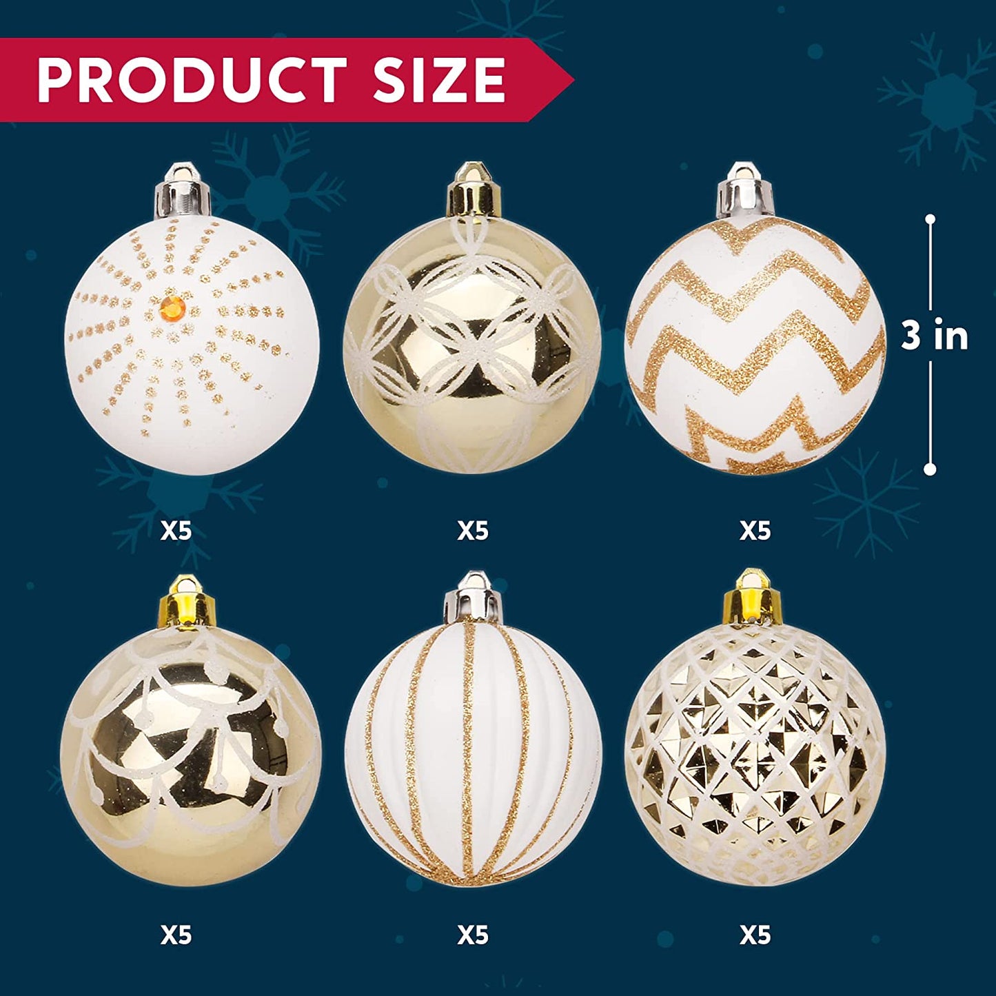 6CM Gold&White Christmas Ornaments Assorted Design 30 Pcs