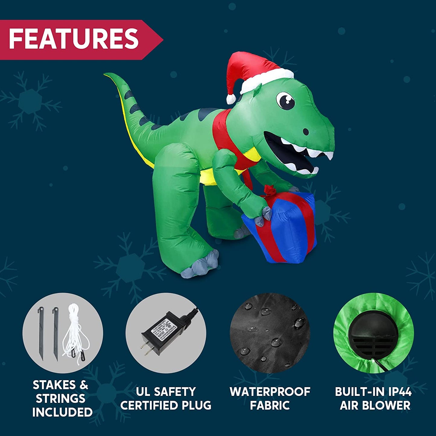 Tall Christmas Dinosaur with Hat Inflatable (5 ft)