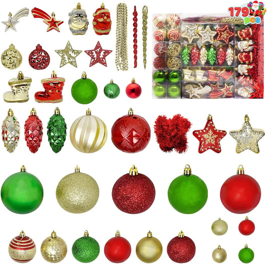 177Pcs Tradition Red & Green & Gold Christmas Ball Ornaments