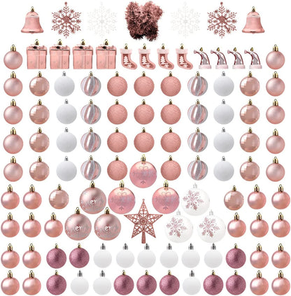 112 Pcs Rosegold & White Christmas Assorted Ornaments with a Star Tree Topper