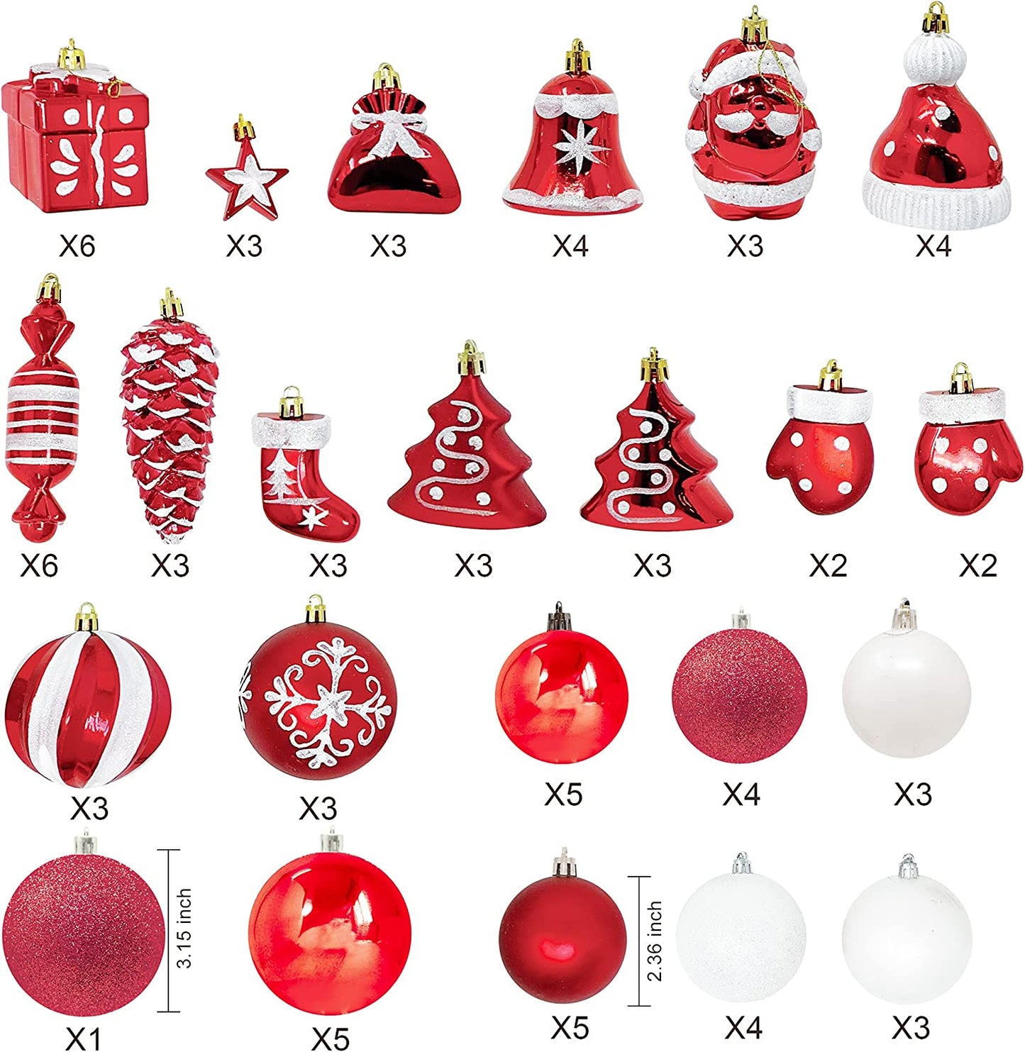 81 Pcs Assorted Shape Christmas Ornaments (Red&White)