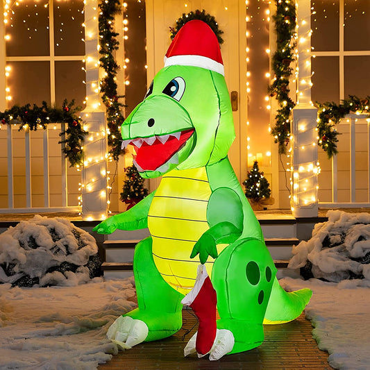 6 FT Tall Inflatable Dinosaur Holding a Christmas Stocking with Build-in LEDs