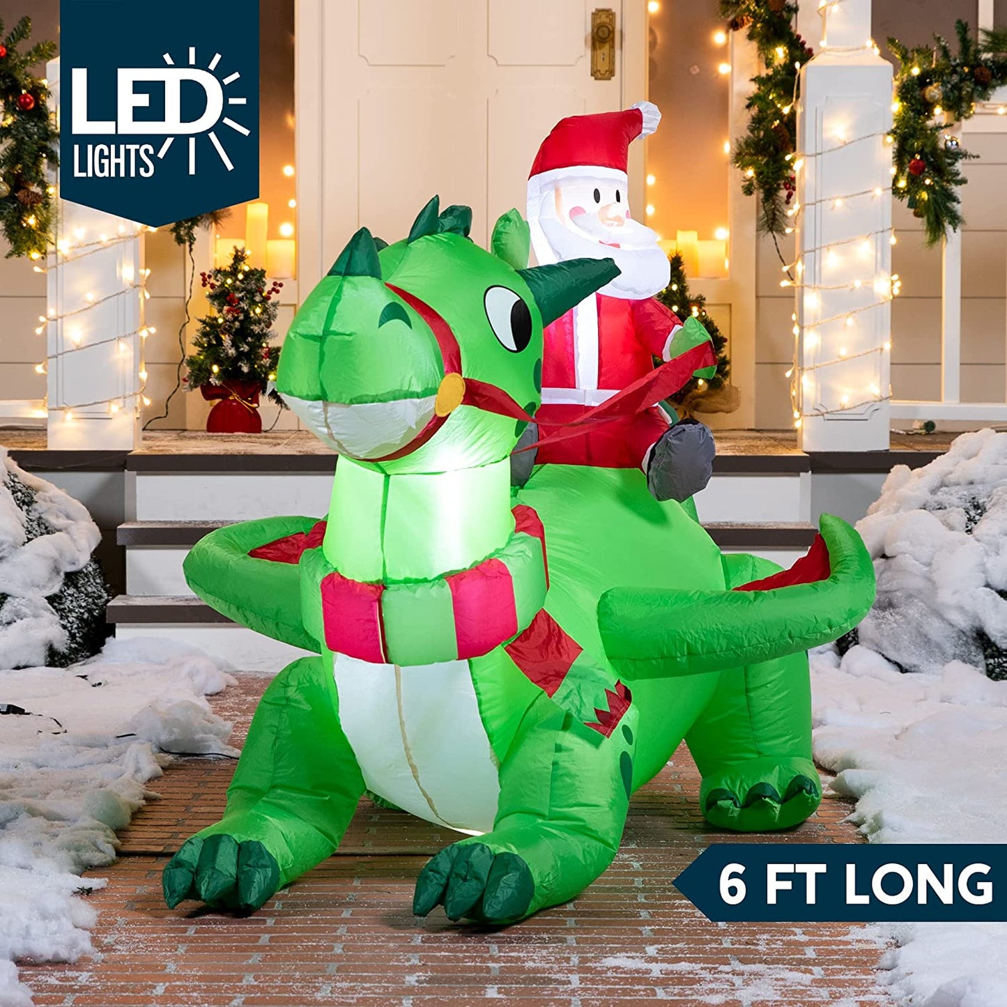 6ft Long Santa Riding a Green Dragon Christmas Inflatable