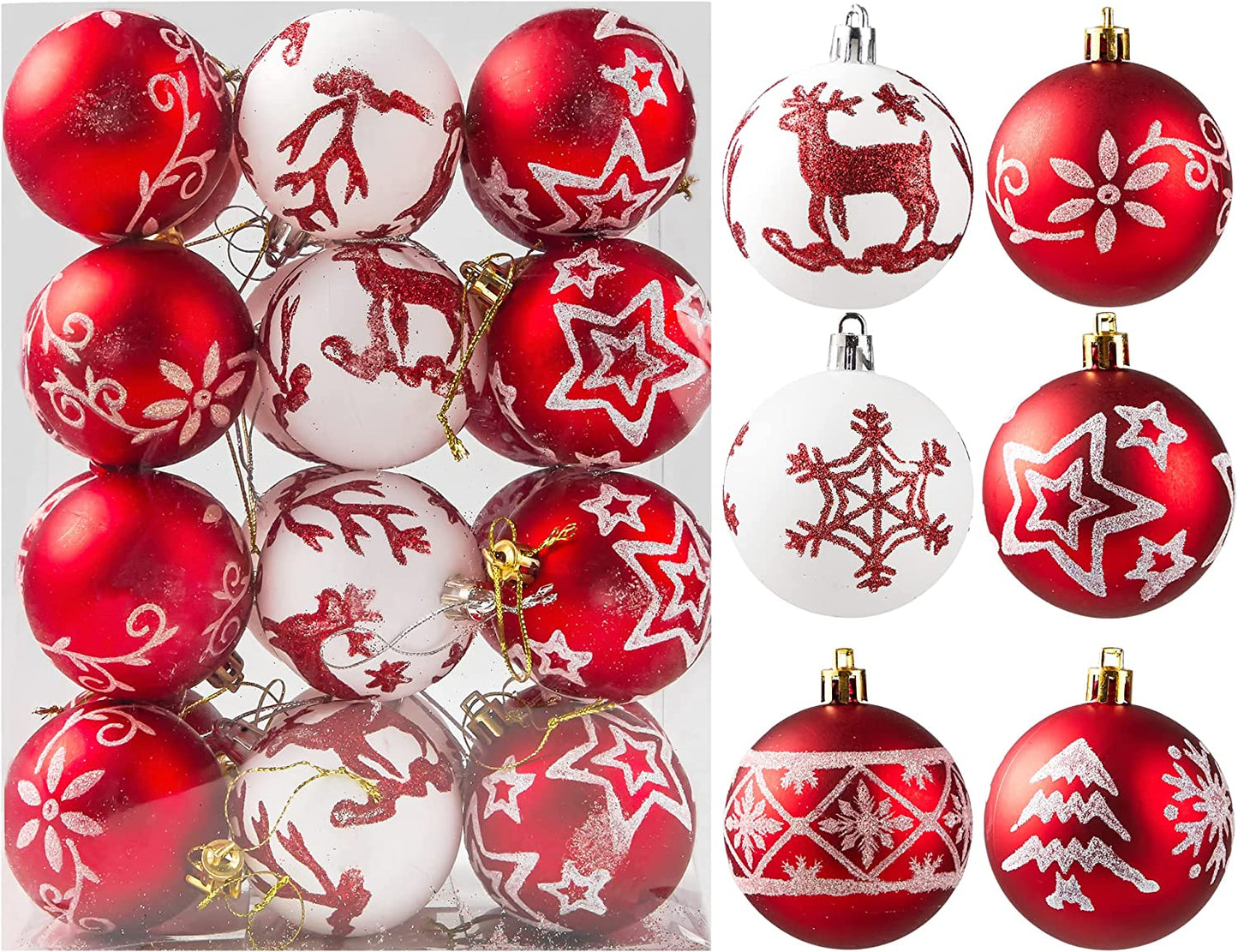 60mm Deluxe Christmas Ball Ornaments (Red & White), 24 Pcs