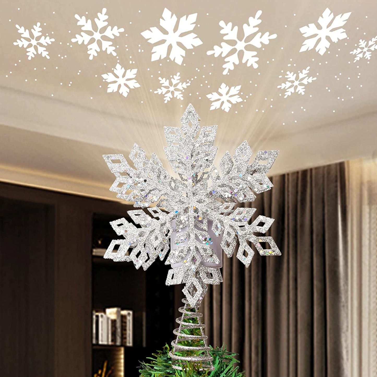 Silver Snowflake Tree Topper Metal with White Star Snowflake Projector Light