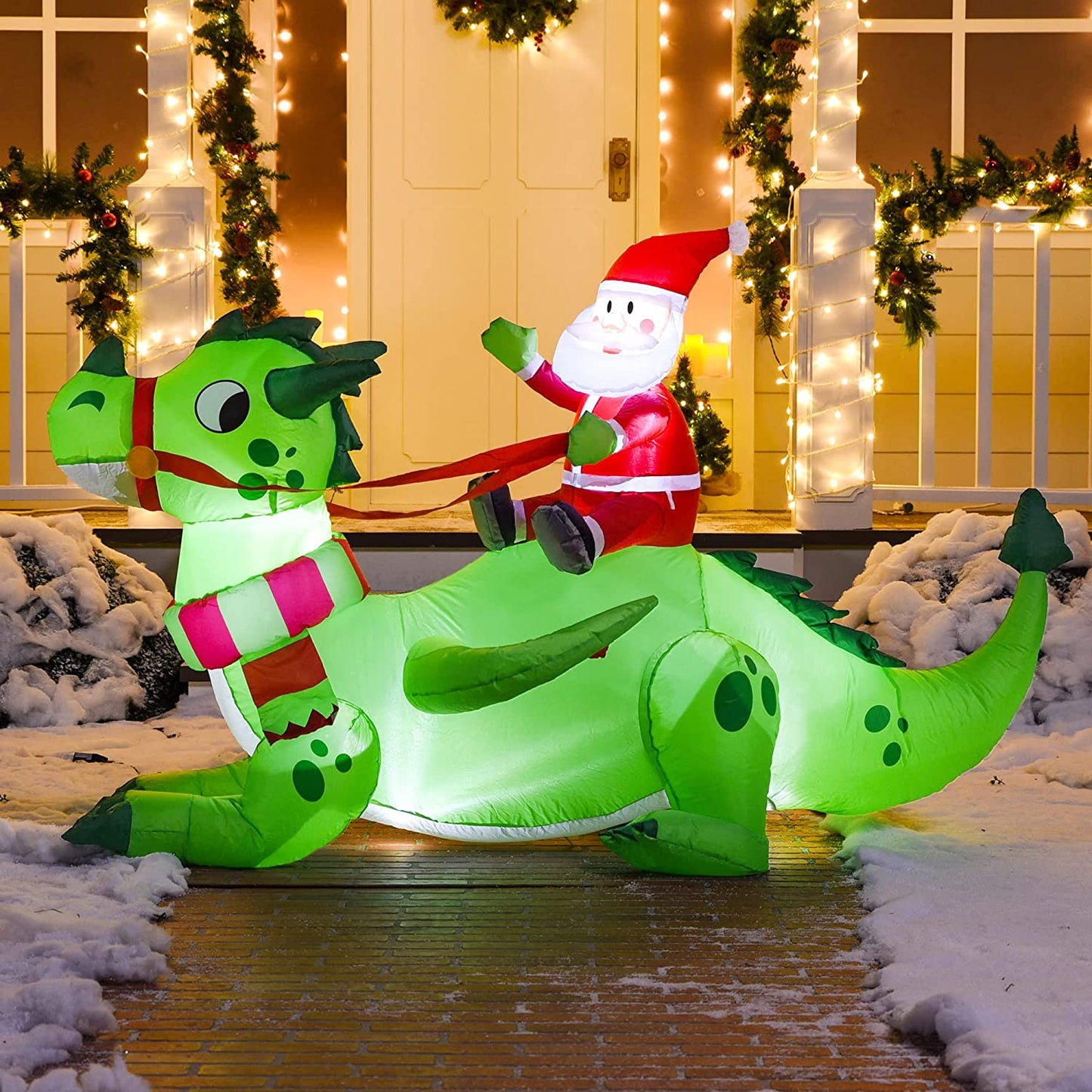 6ft Long Santa Riding a Green Dragon Christmas Inflatable