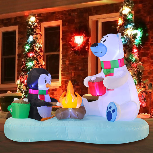 6ft Long Inflatable Polar Bear and Penguin with Campfire