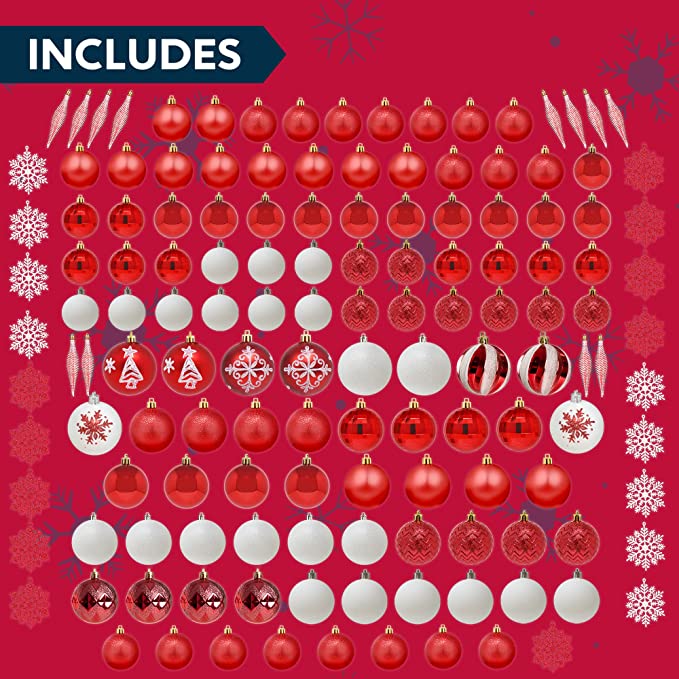 133 Pcs Christmas Ornaments, Red and White