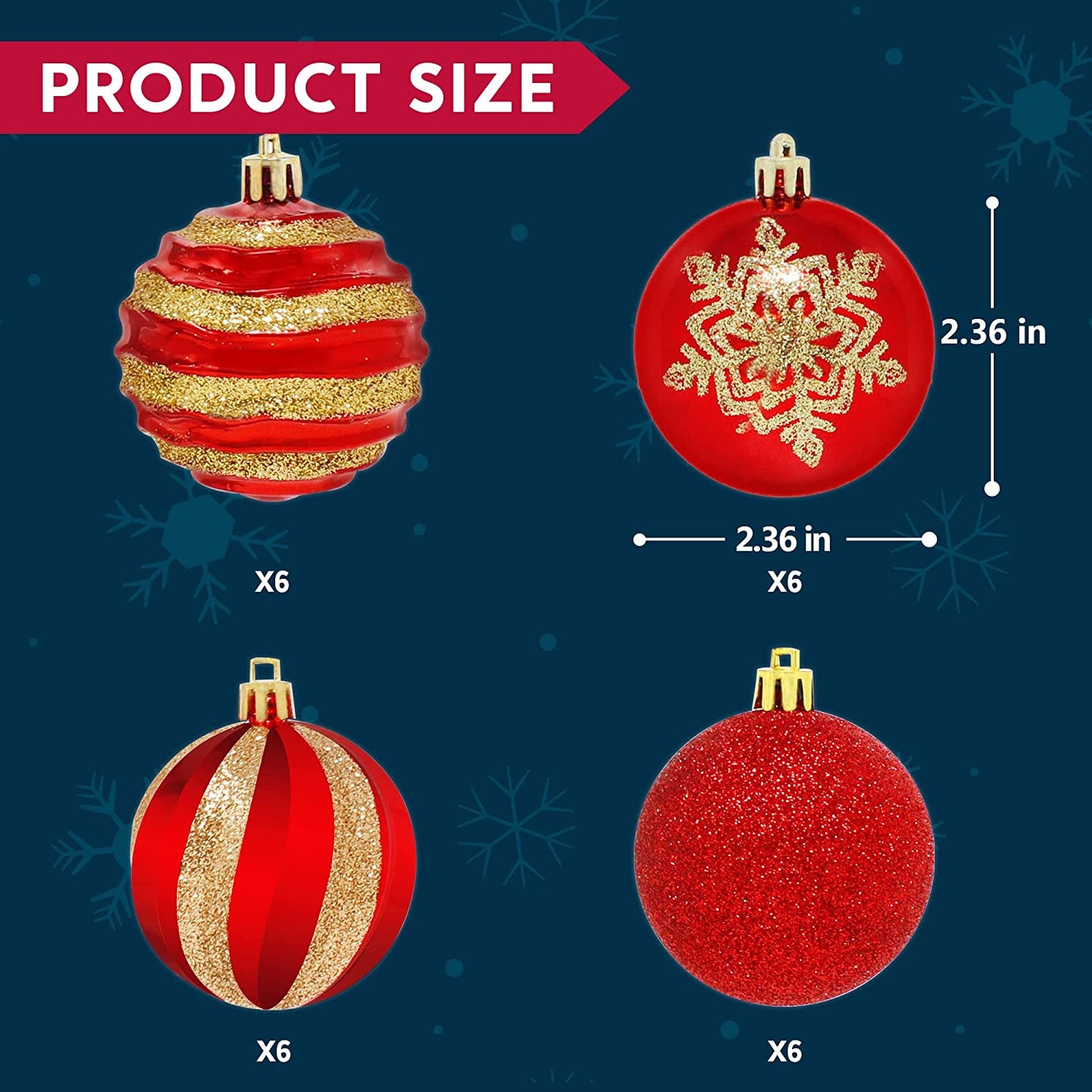 24 Pcs Christmas Ball Ornaments, Red and Gold