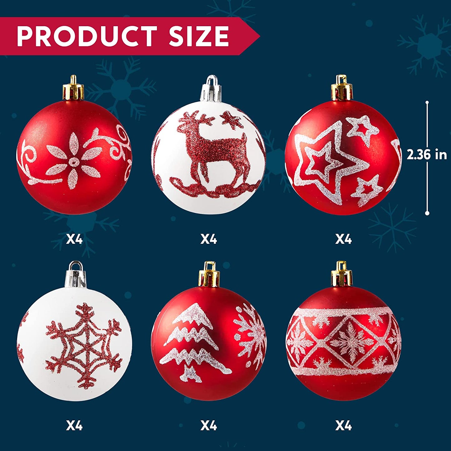60mm Deluxe Christmas Ball Ornaments (Red & White), 24 Pcs