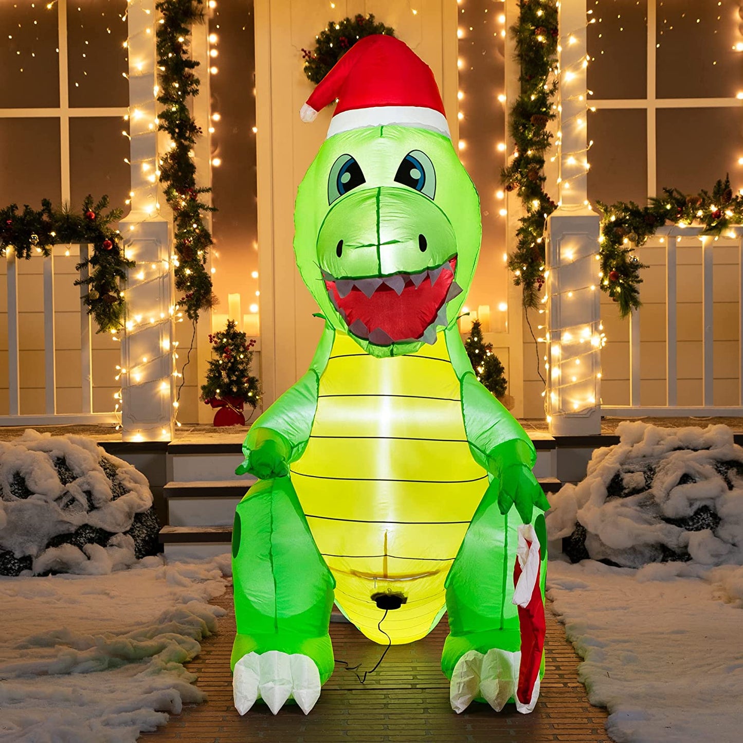6 FT Tall Inflatable Dinosaur Holding a Christmas Stocking with Build-in LEDs