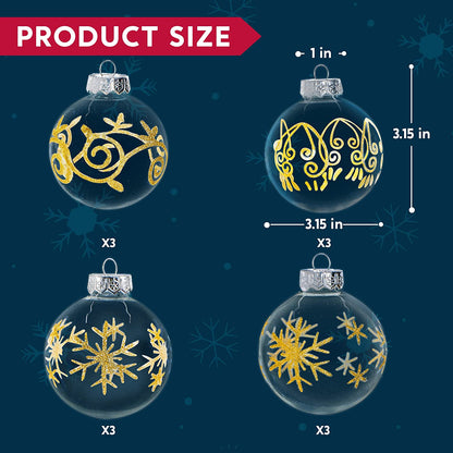 12 Pcs Clear Ornaments with White & Gold Print 15in
