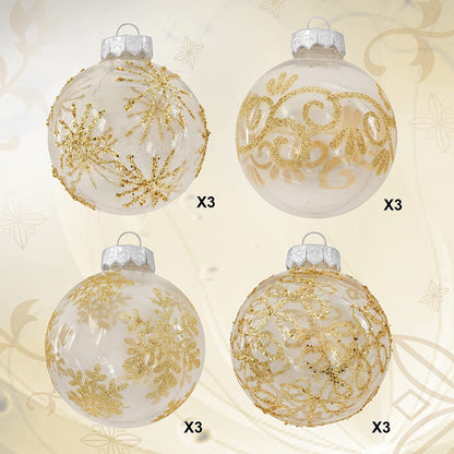 3.15'' Gold Print Transparent Ball Ornaments 12 Pcs
