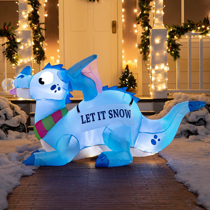 6 FT Long Inflatable Blue Dragon With Snowflake with Build-in LEDs