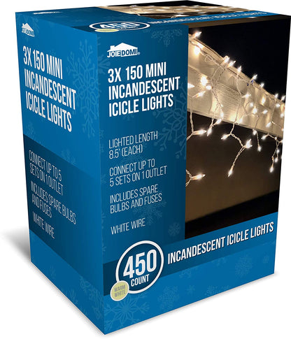 3 Packs, 150 Incandescent Icicle Lights, Warm White