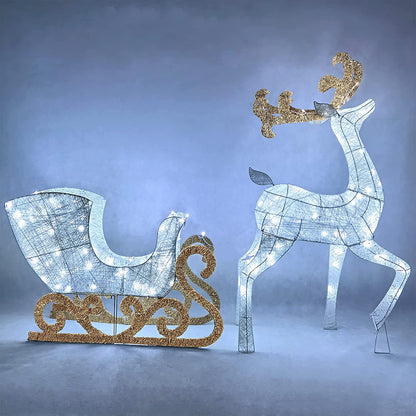 Cotton Christmas Reindeers Sleigh White Yard Lights, 2 Pcs