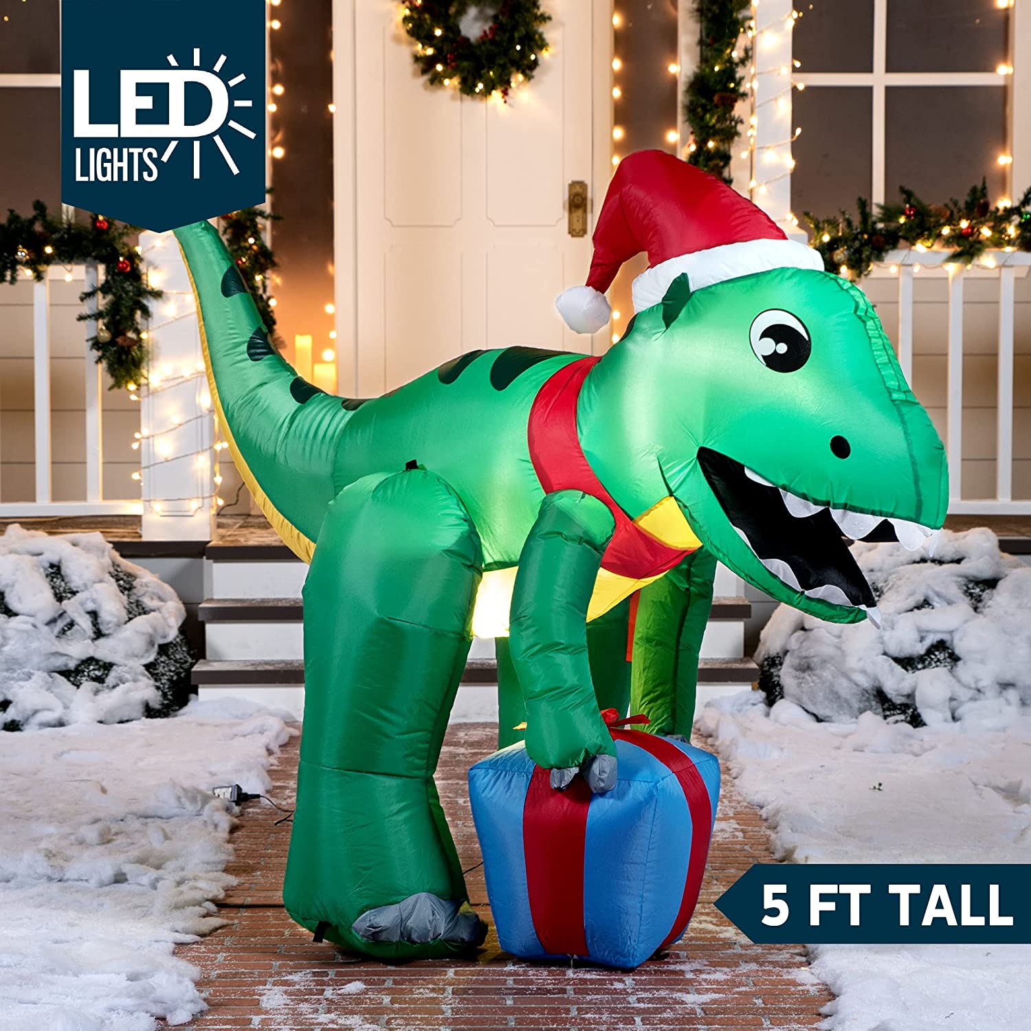 Tall Christmas Dinosaur With Hat Inflatable 5 Ft Joiedomi 