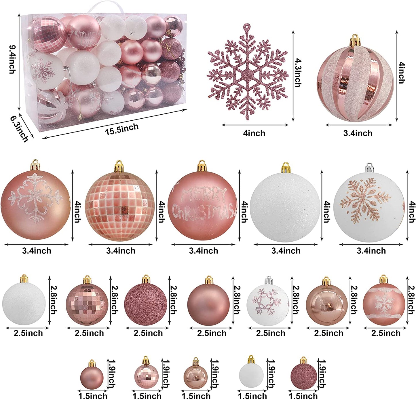 88 Pcs Rose Gold & White Christmas Ornaments