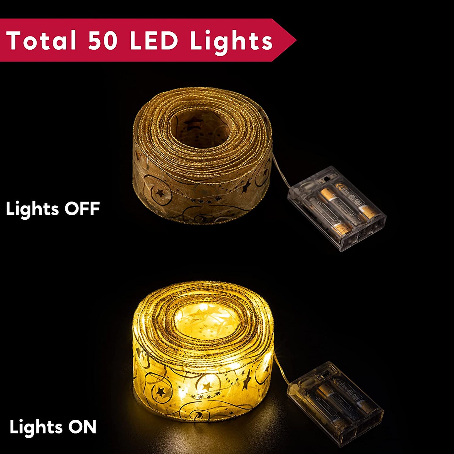 50 LED Fiber Mesh Wired Ribbon Battery Powered (Gold)