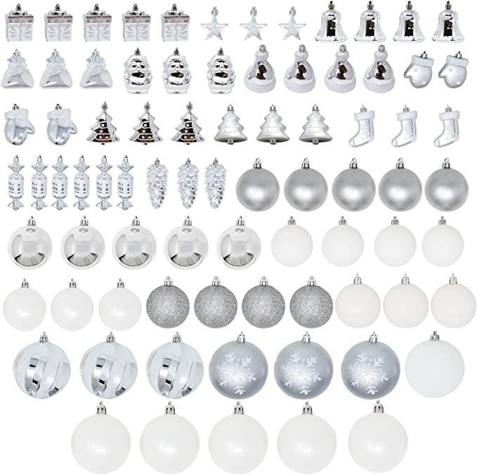 81 Pcs Assorted Shape Christmas Ornaments (Silver&White)
