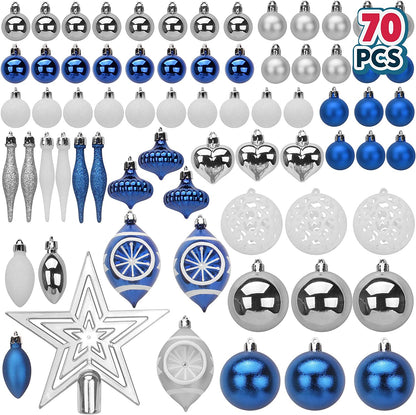 70 Pcs Christmas Ornaments with Heart Blue, Silver, & White