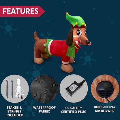 6ft Long Puppy Holding A Cany Cane Christmas Inflatable
